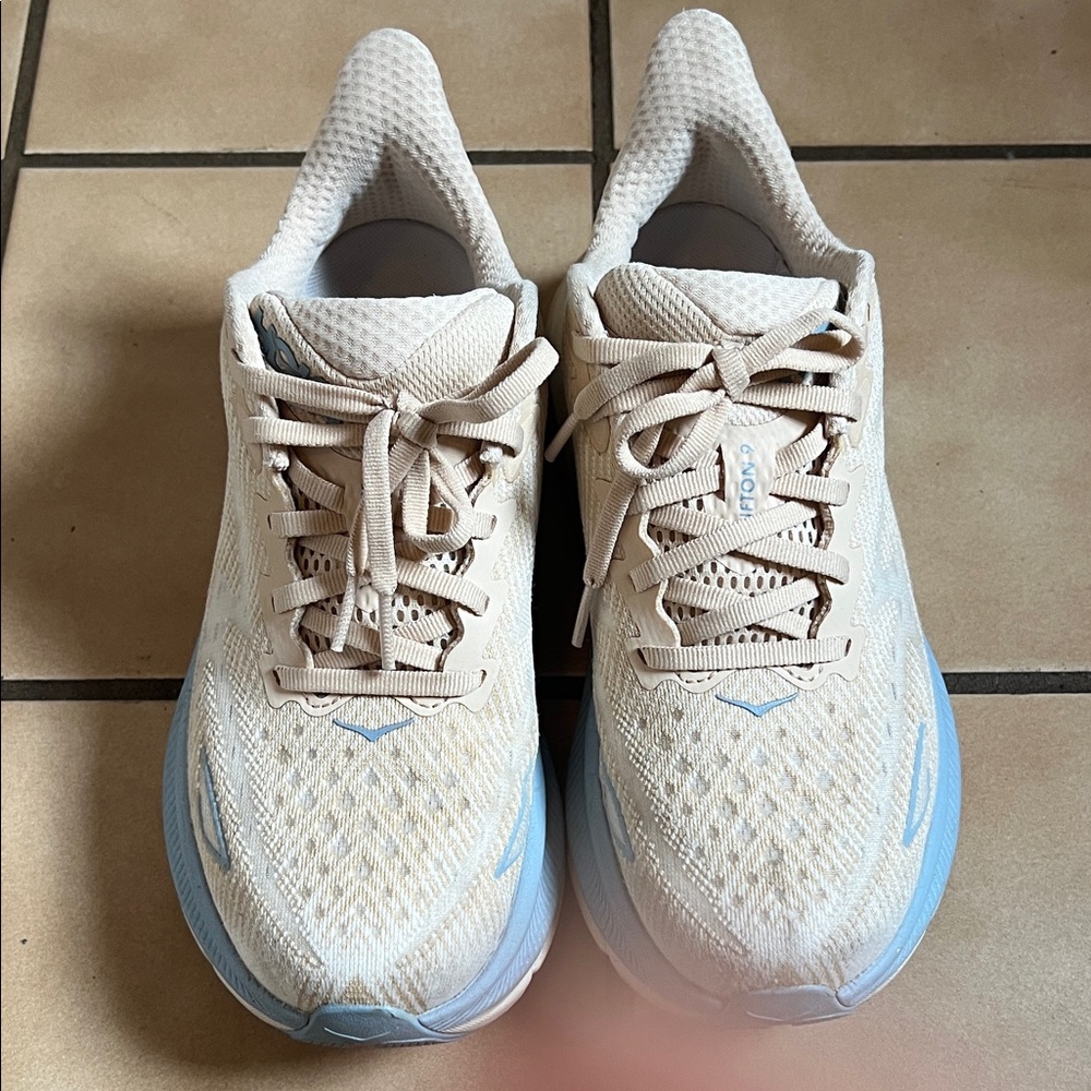 Hoka Women's Running Shoes in Cream and Light Blue